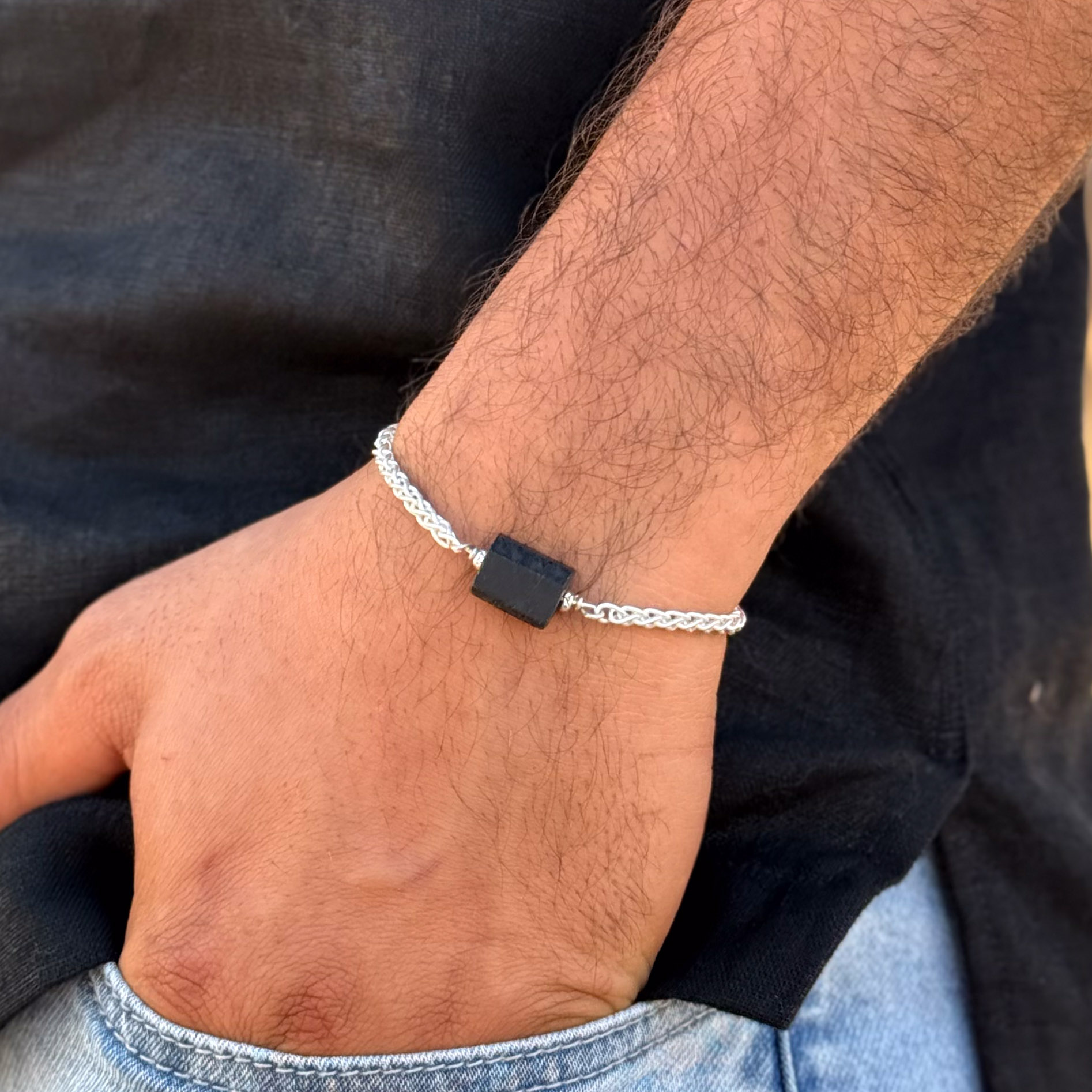 צמיד טורמלין שחור אבן גולמית עבה